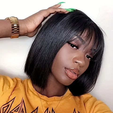 180% Density Straight Bob Wig with Bangs for Women - Natural Human Hair Lace Front Wig with Machine Made Construction