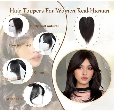 Hair Toppers for Women Real Human Hair, Bangs Hair Clip 360° 3D Hair Toppers for Women No Bangs Top Hair Extensions, Hair Topper Hair Pieces for Women Daily