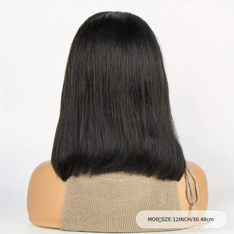 180% Density Straight Bob Wig with Bangs for Women - Natural Human Hair Lace Front Wig with Machine Made Construction