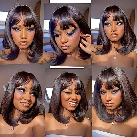 180% Density Straight Bob Wig with Bangs for Women - Natural Human Hair Lace Front Wig with Machine Made Construction