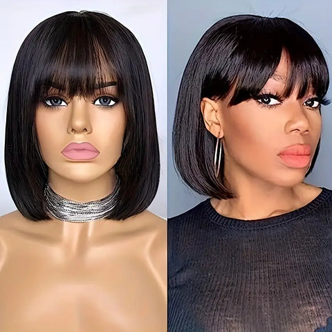 180% Density Straight Bob Wig with Bangs for Women - Natural Human Hair Lace Front Wig with Machine Made Construction