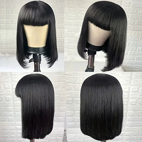 180% Density Straight Bob Wig with Bangs for Women - Natural Human Hair Lace Front Wig with Machine Made Construction