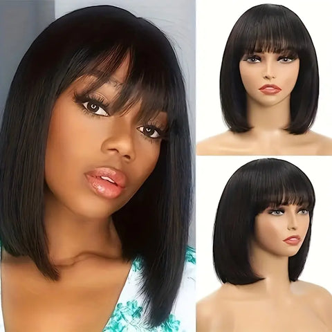 180% Density Straight Bob Wig with Bangs for Women - Natural Human Hair Lace Front Wig with Machine Made Construction