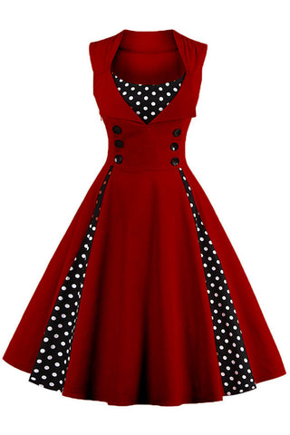 Atomic Wine Red and Black Polka Dot Pleated Swing Dress