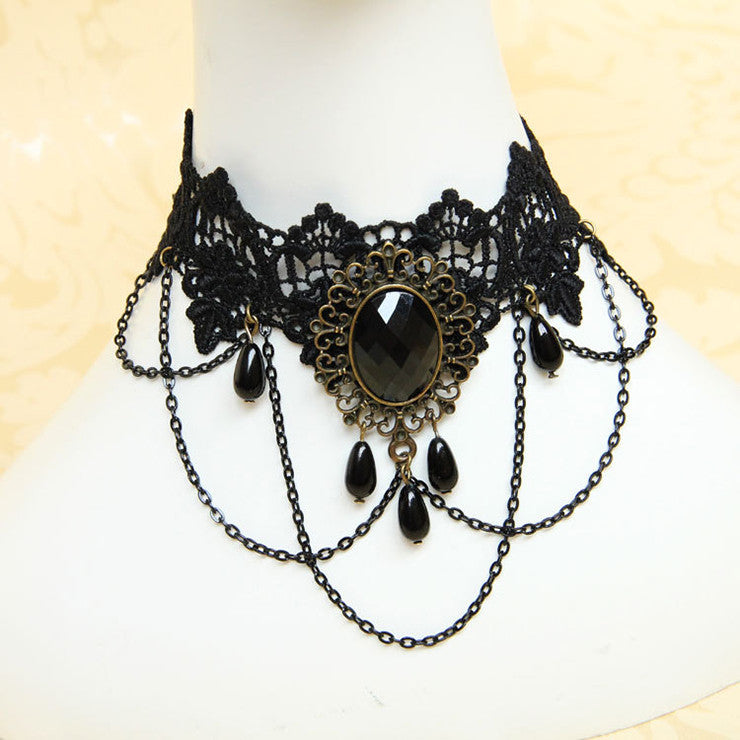 Atomic Black Lace And Gem Choker Necklace